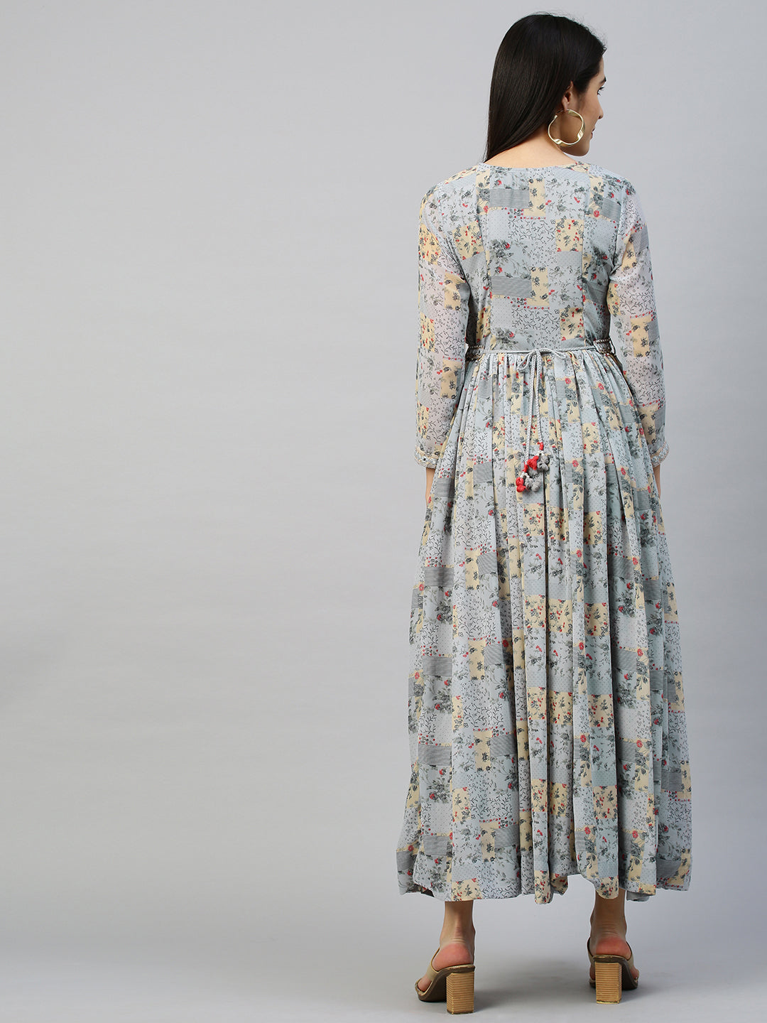 Floral Printed Dress with Embroidered Belt - Powder Blue