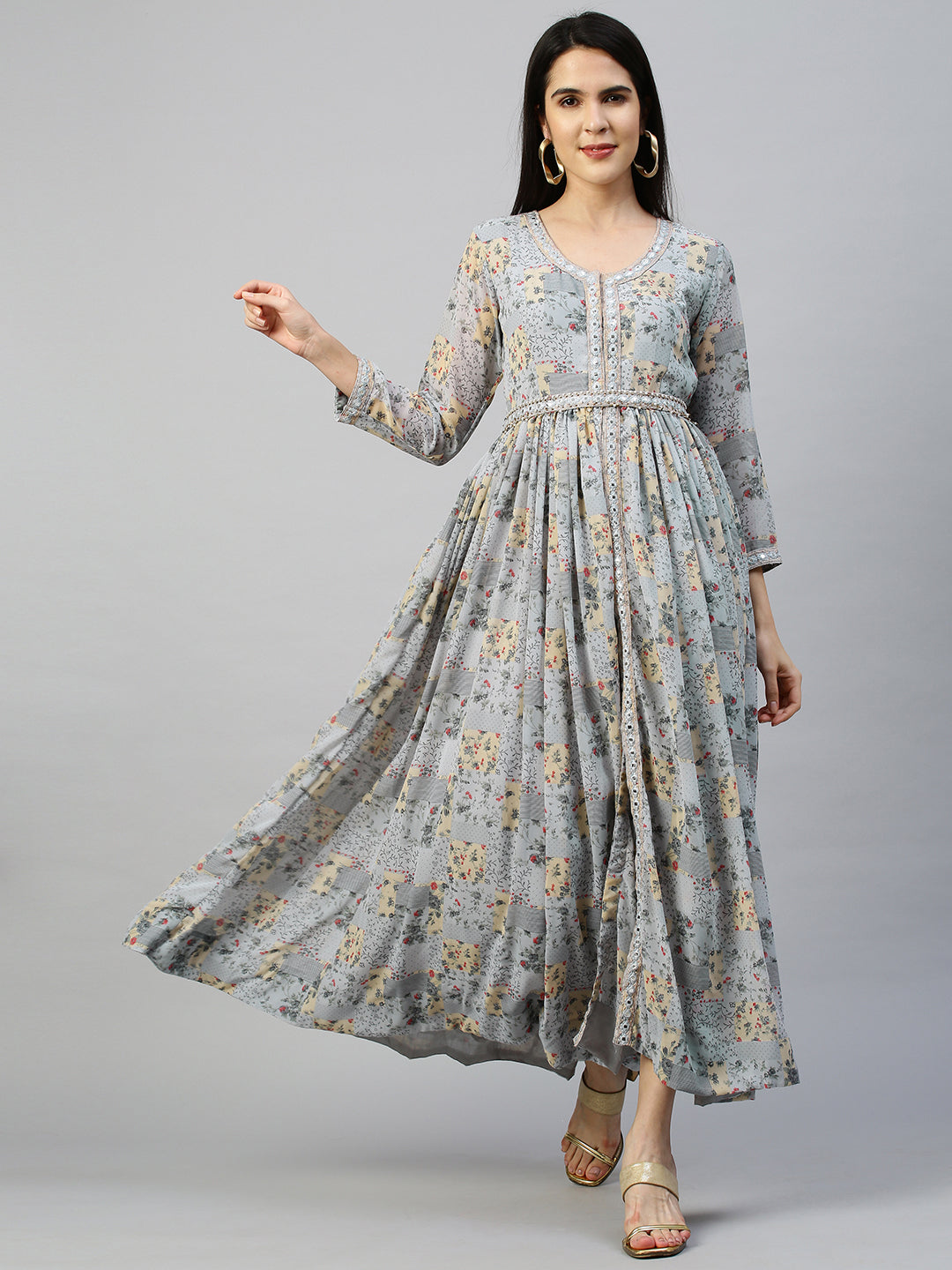 Floral Printed Dress with Embroidered Belt - Powder Blue