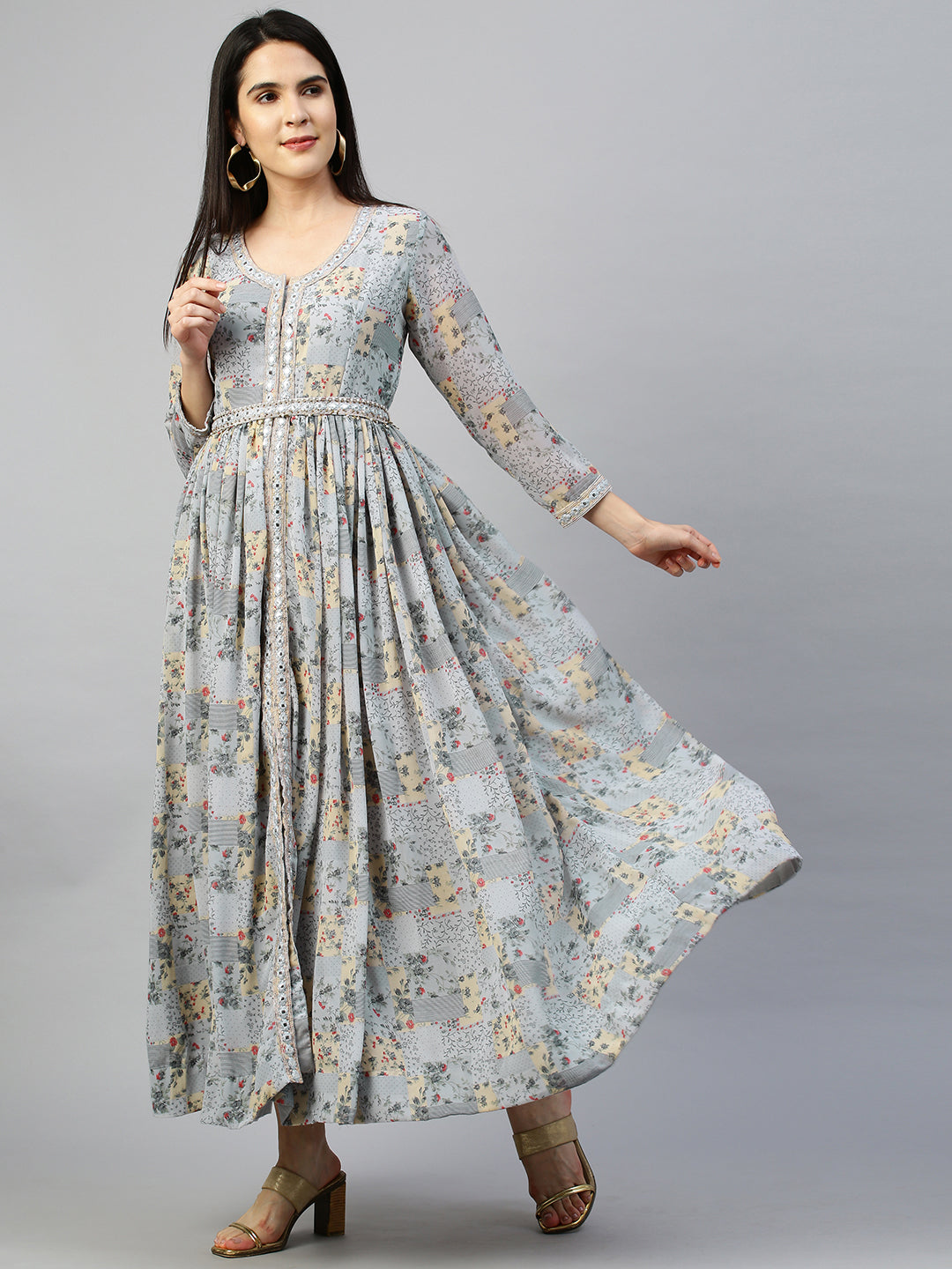 Floral Printed Dress with Embroidered Belt - Powder Blue