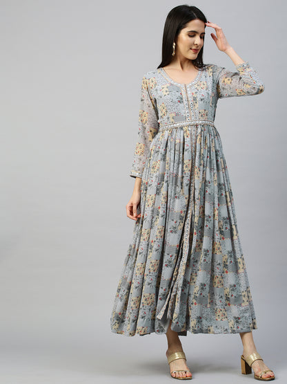 Floral Printed Dress with Embroidered Belt - Powder Blue