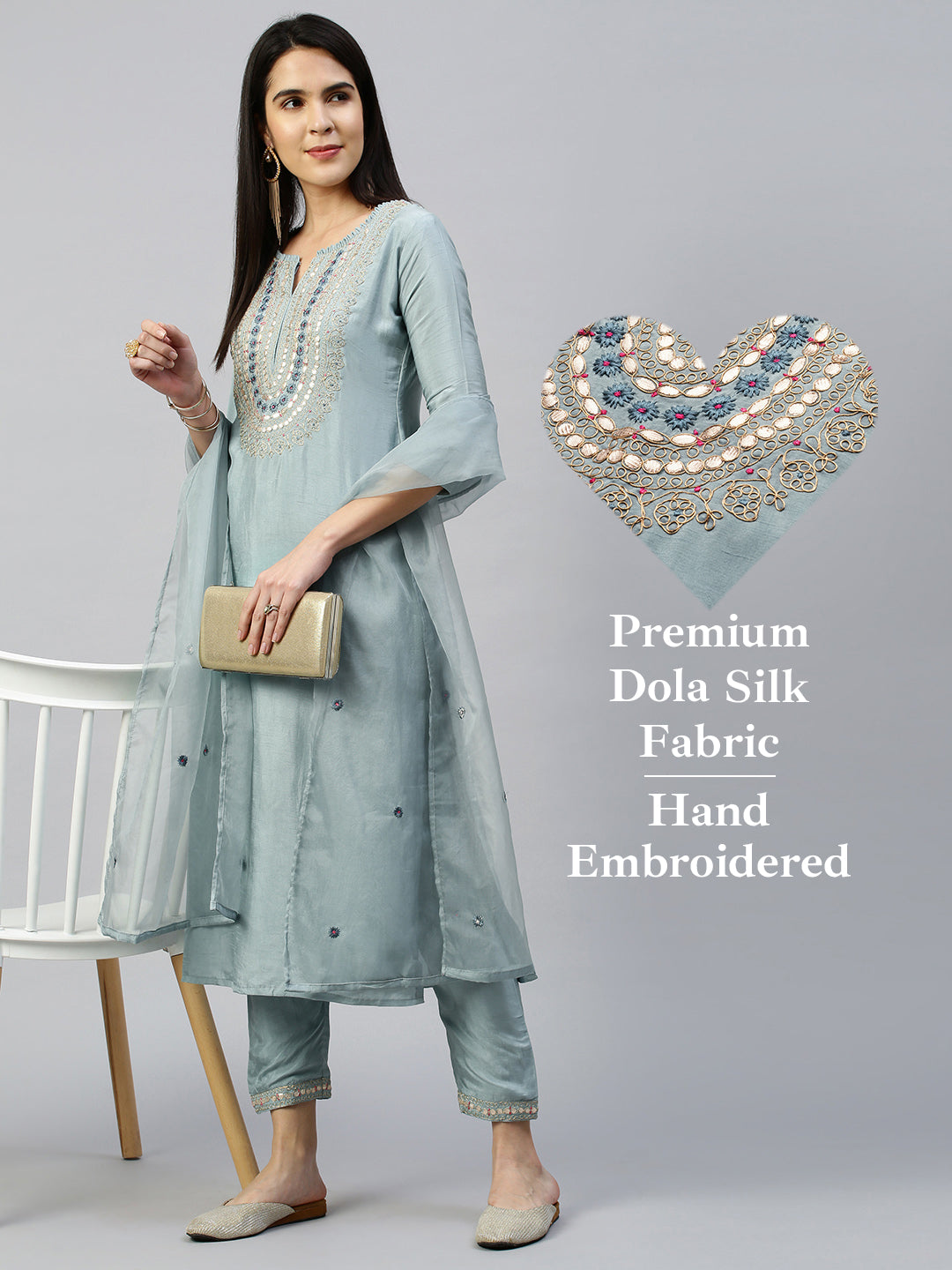 Ethnic Embroidered Kurta with Pant with Dupatta - Dusty Blue