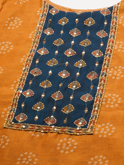 Kantha Embroidered Kurta with Printed Dupatta - Ochre Yellow
