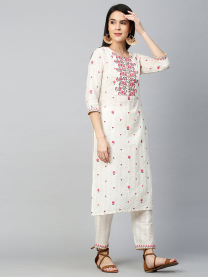Floral Embroidered Kurta with Pant - Off White