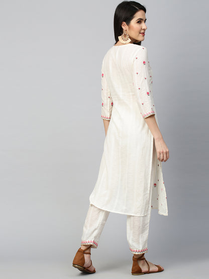 Floral Embroidered Kurta with Pant - Off White