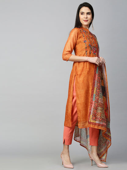 Floral Embroidered & Printed Kurta with Dupatta - Ochre Yellow