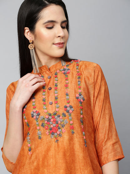 Floral Embroidered & Printed Kurta with Dupatta - Ochre Yellow