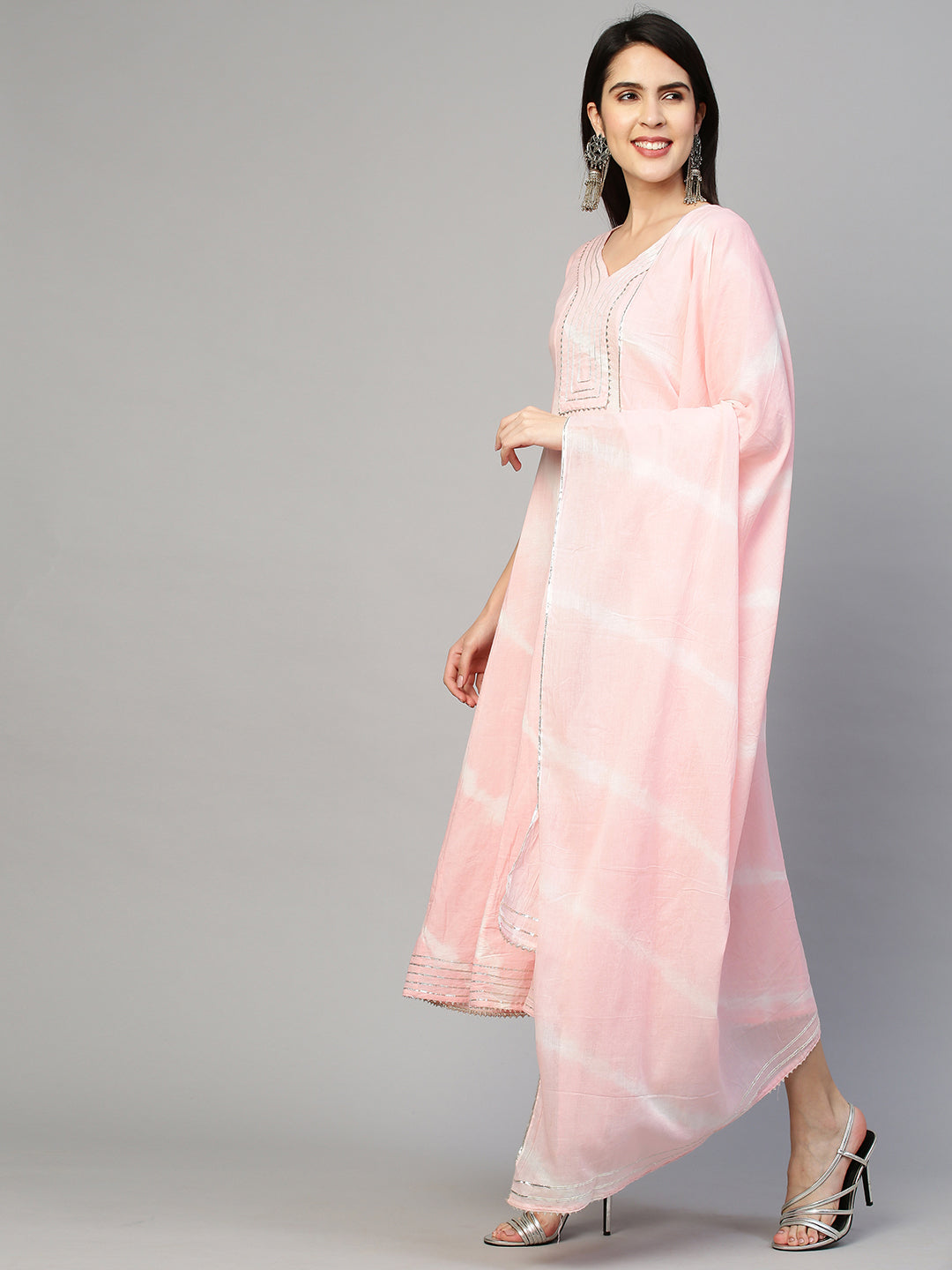 Leheriya & Gota Embroidered Dress with Dupatta - Powder Pink