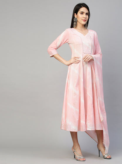 Leheriya & Gota Embroidered Dress with Dupatta - Powder Pink