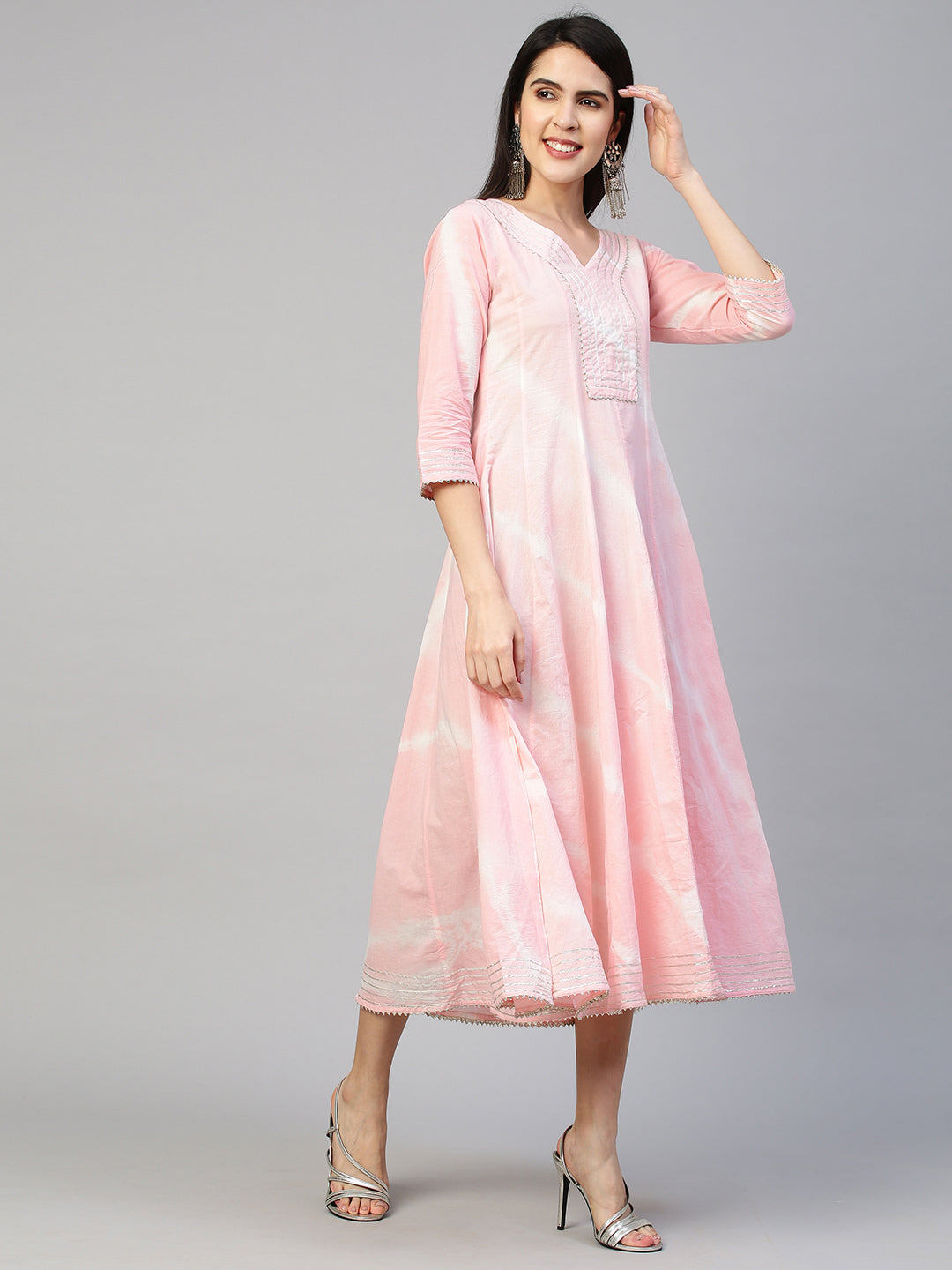 Leheriya & Gota Embroidered Dress with Dupatta - Powder Pink