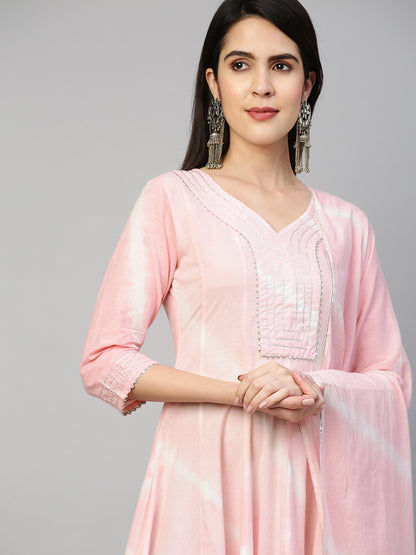 Leheriya & Gota Embroidered Dress with Dupatta - Powder Pink