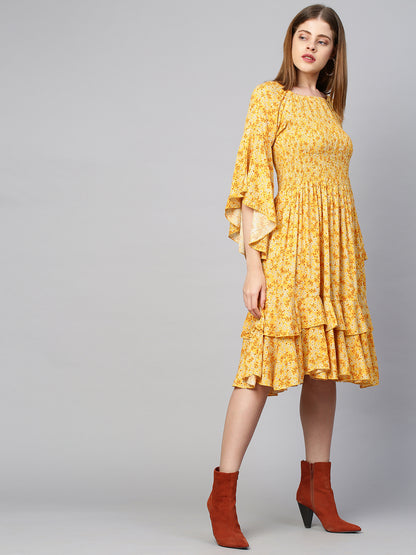 Ditsy Floral & Smocked Tiered Dress - Bright Yellow