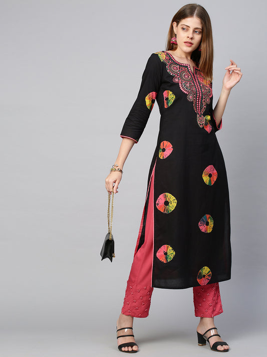 Colourful Tie-Dyed & Embroidered Kurta - Black