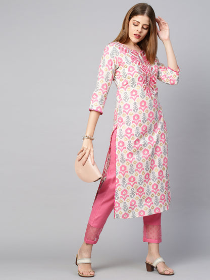 Ikat Embroidered & Printed Kurta - Off White