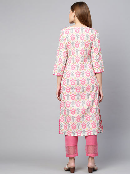 Ikat Embroidered & Printed Kurta - Off White