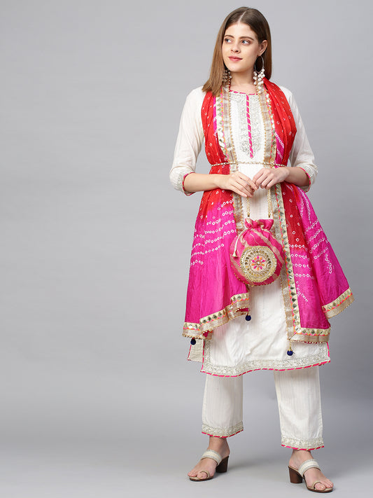 Lurex Striped & Embroidered Kurta & Pants with Bandhani Dupatta - White