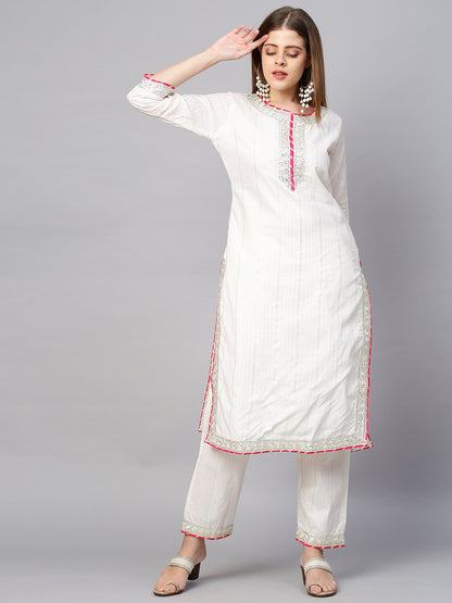 Lurex Striped & Embroidered Kurta & Pants with Bandhani Dupatta - White