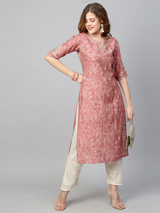 Floral Embroidered & Printed Straight Kurta - Hippie Pink