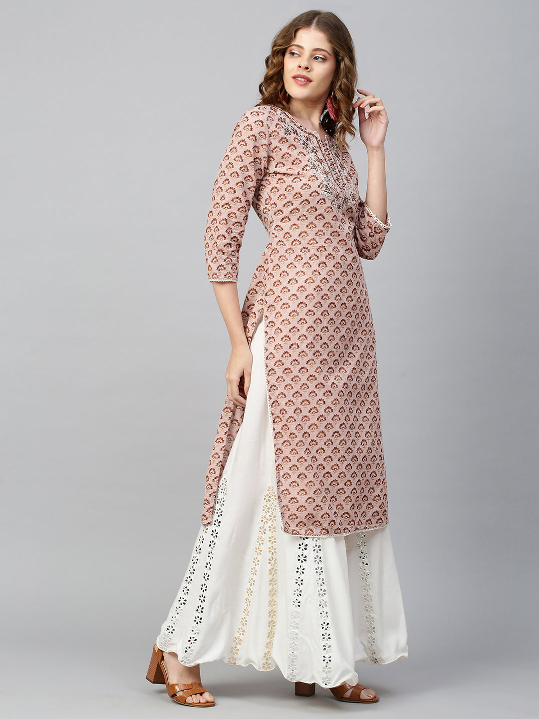Floral Printed & Embroidered Kurta - Dusty Peach