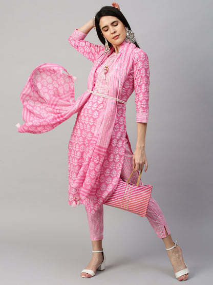 Ethnic Printed Kurta & Dupatta with Pant - Pastel Pink