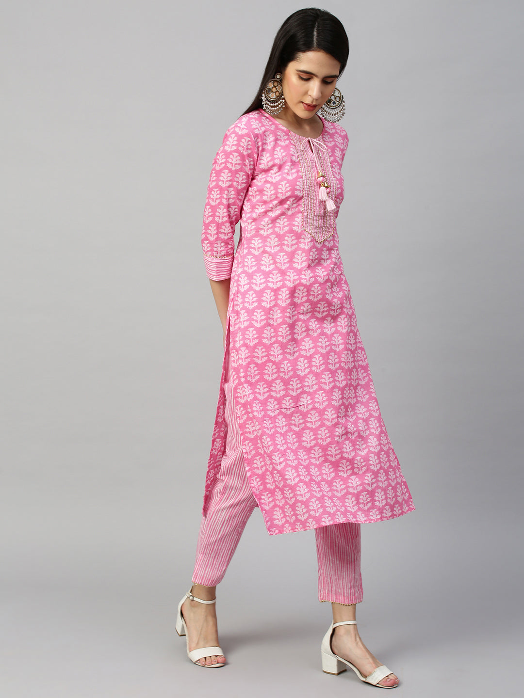 Ethnic Printed Kurta & Dupatta with Pant - Pastel Pink