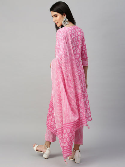 Ethnic Printed Kurta & Dupatta with Pant - Pastel Pink