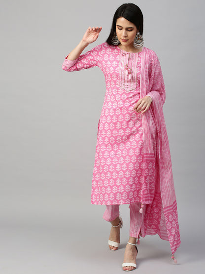 Ethnic Printed Kurta & Dupatta with Pant - Pastel Pink