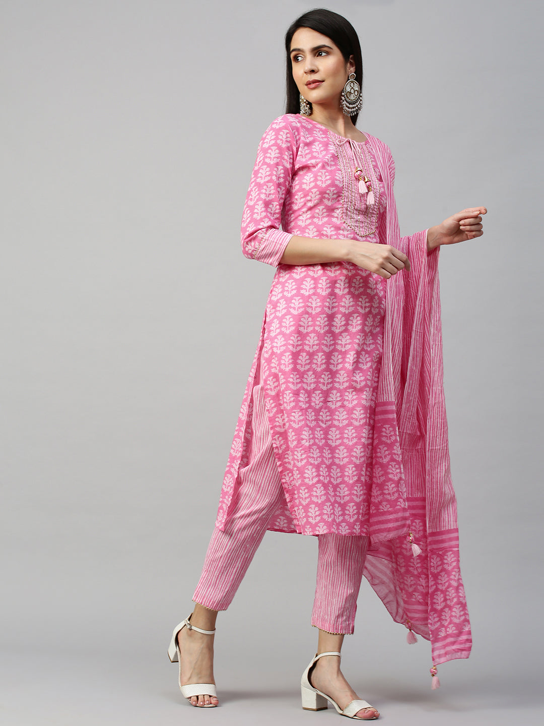 Ethnic Printed Kurta & Dupatta with Pant - Pastel Pink