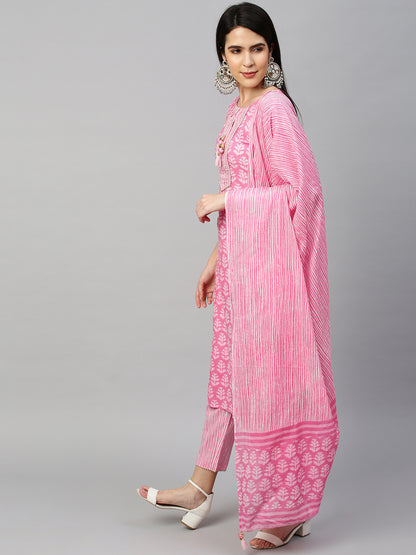 Ethnic Printed Kurta & Dupatta with Pant - Pastel Pink