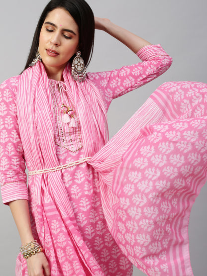 Ethnic Printed Kurta & Dupatta with Pant - Pastel Pink