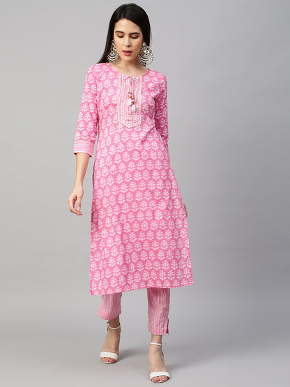 Ethnic Printed Kurta & Dupatta with Pant - Pastel Pink