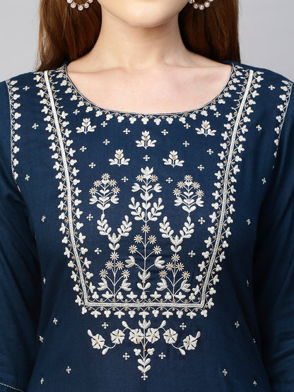 Zari Embroidered Solid Straight Kurta - Navy Blue