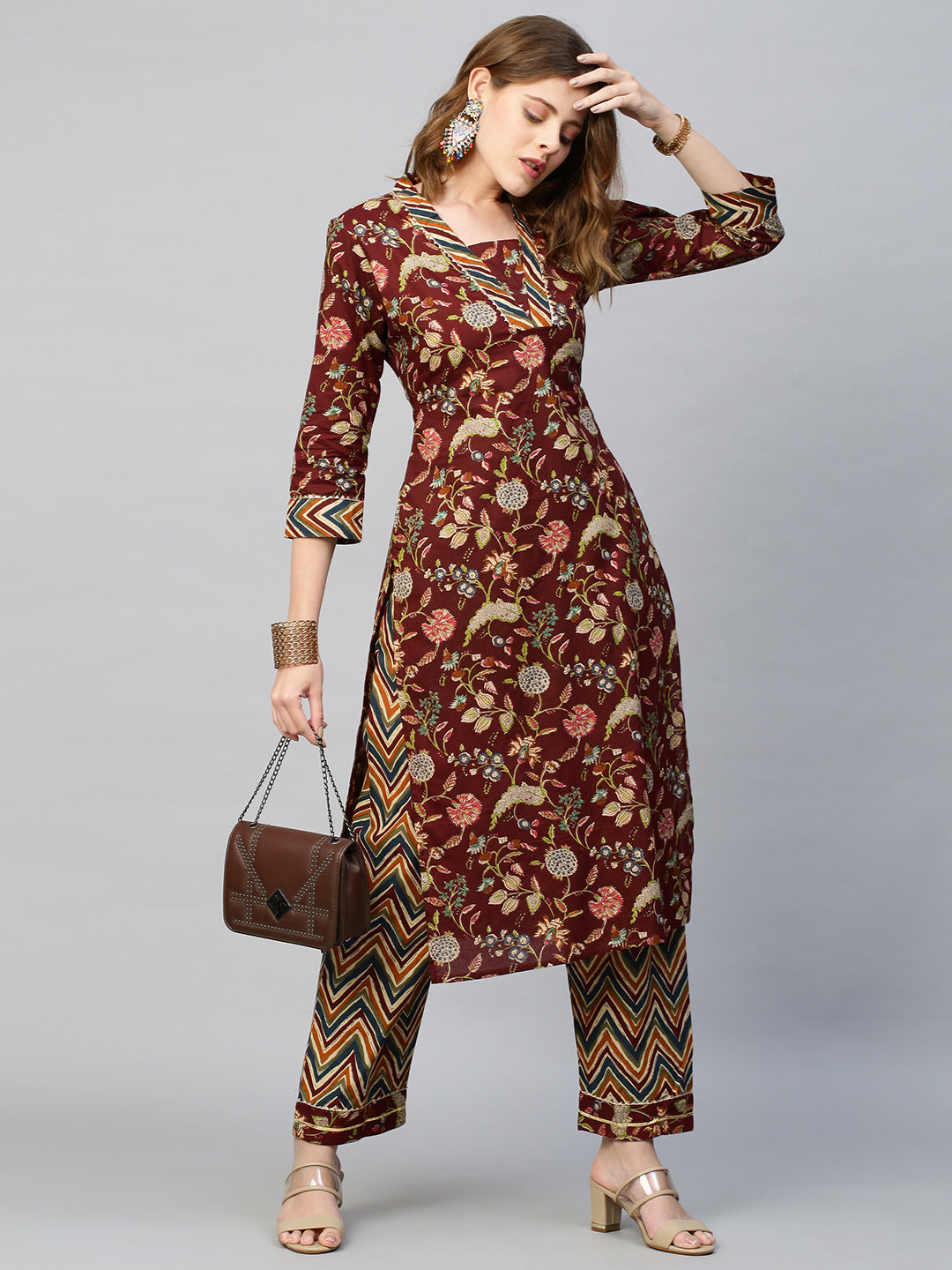 Ethnic Floral Printed Kurta with Pants - Deep Maroon