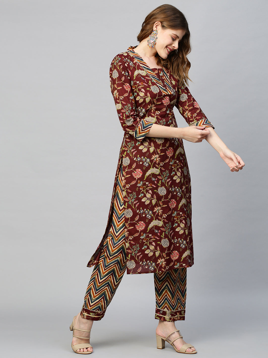 Ethnic Floral Printed Kurta with Pants - Deep Maroon