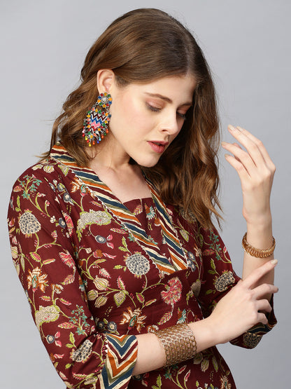 Ethnic Floral Printed Kurta with Pants - Deep Maroon