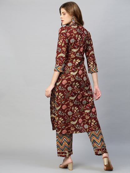 Ethnic Floral Printed Kurta with Pants - Deep Maroon