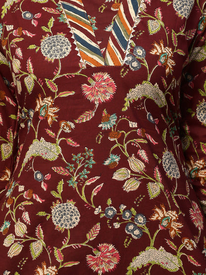 Ethnic Floral Printed Kurta with Pants - Deep Maroon