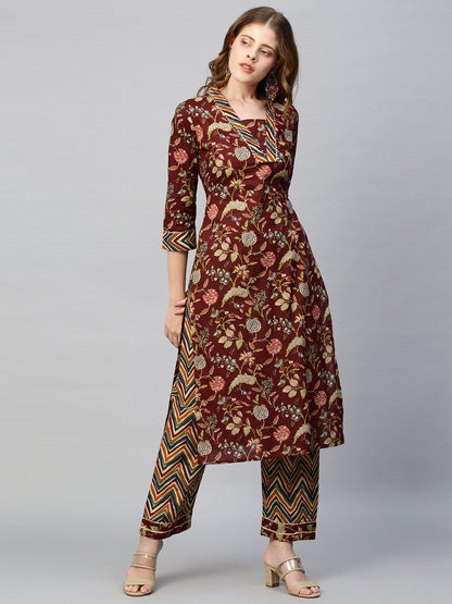 Ethnic Floral Printed Kurta with Pants - Deep Maroon