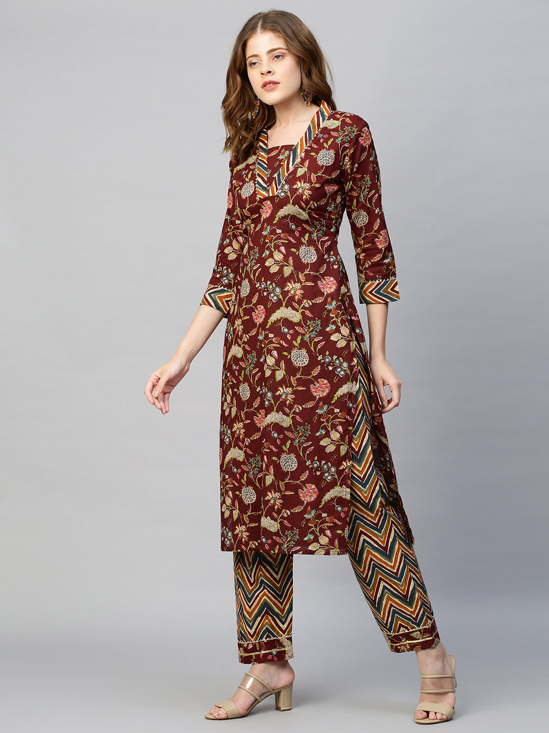 Ethnic Floral Printed Kurta with Pants - Deep Maroon