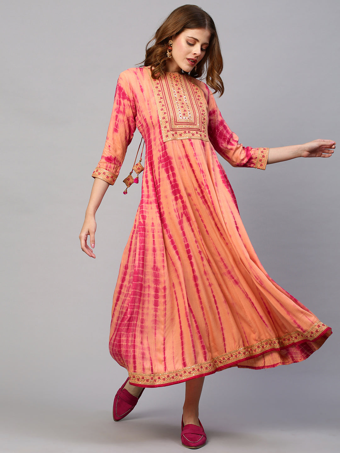 Ethnic Embroidered & Tie - Dyed  Maxi Dress - Peach