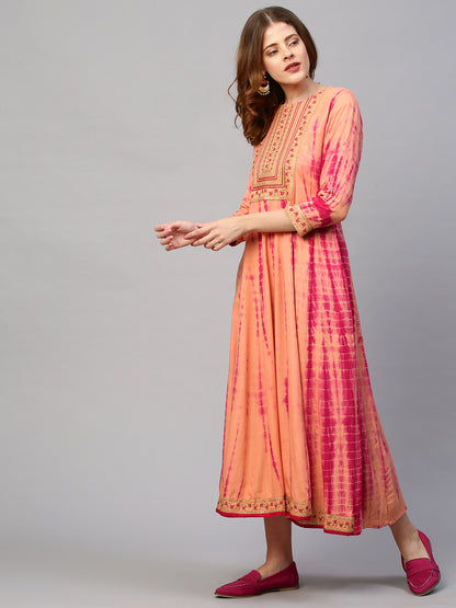 Ethnic Embroidered & Tie - Dyed  Maxi Dress - Peach