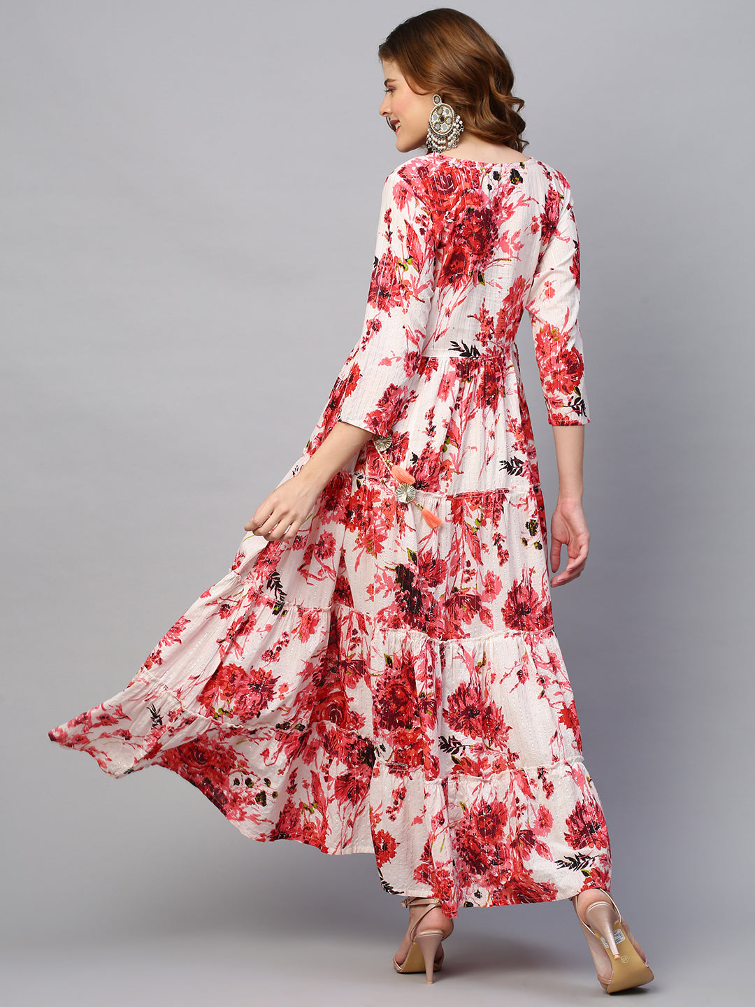 Floral Printed & Lurex Stripes Tiered Maxi Dress - Pink