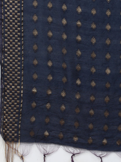 Floral Embroidered Lurex Stripes Kurta with Dupatta - Navy Blue