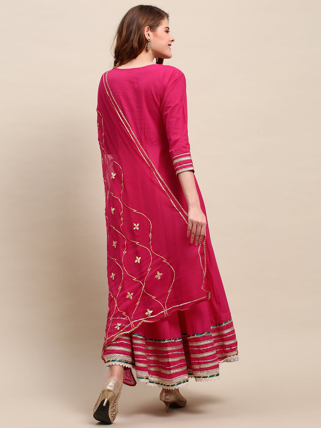 Ethnic Hand Embroidered Flared Kurta with Pants and Dupatta - Hot Pink