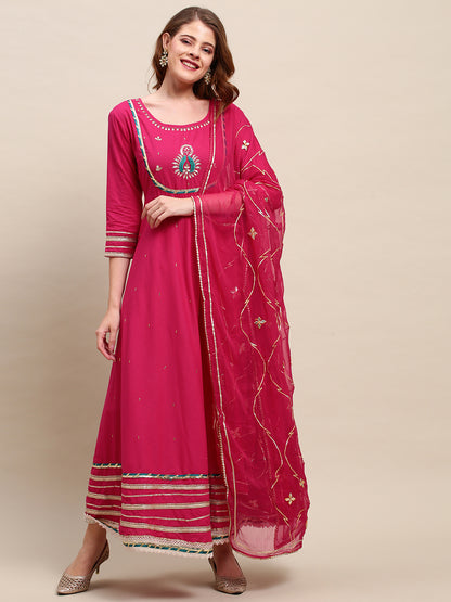 Ethnic Hand Embroidered Flared Kurta with Pants and Dupatta - Hot Pink