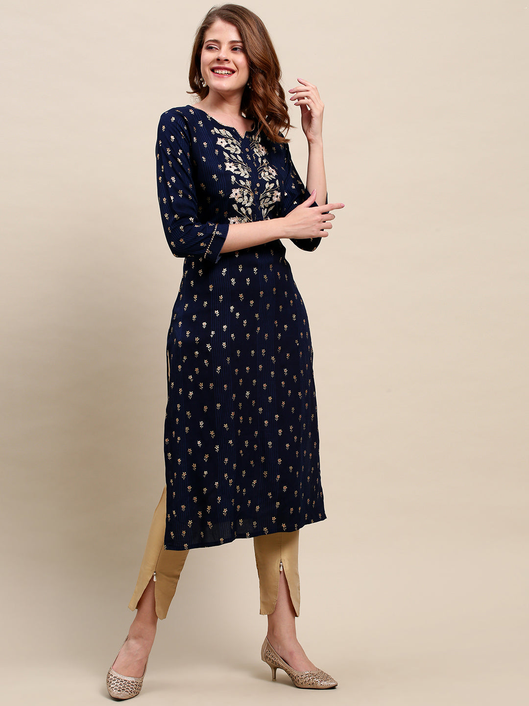 Floral Embroidered Striped Straight Fit Kurta - Navy Blue
