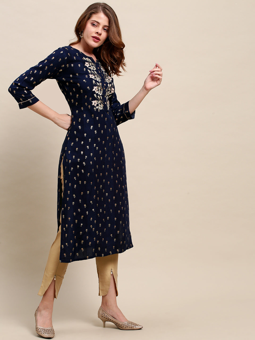 Floral Embroidered Striped Straight Fit Kurta - Navy Blue