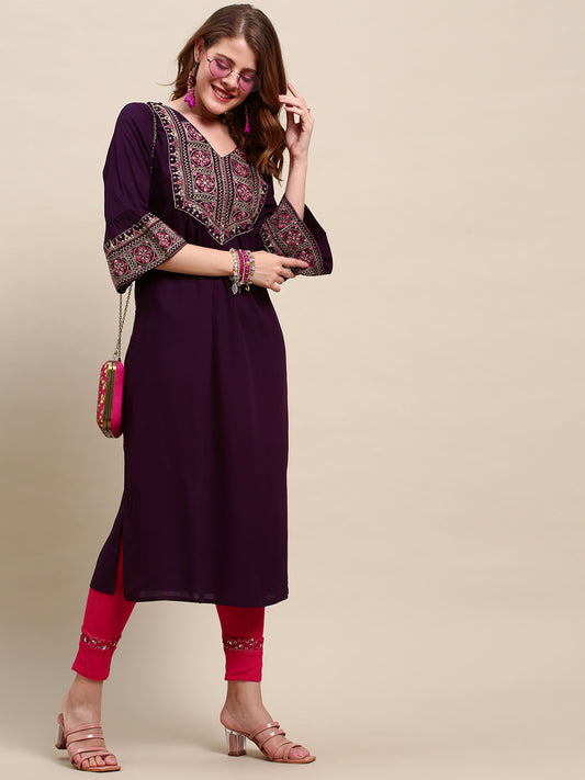 Embroidered Solid A-Line Flared Kurta - Purple