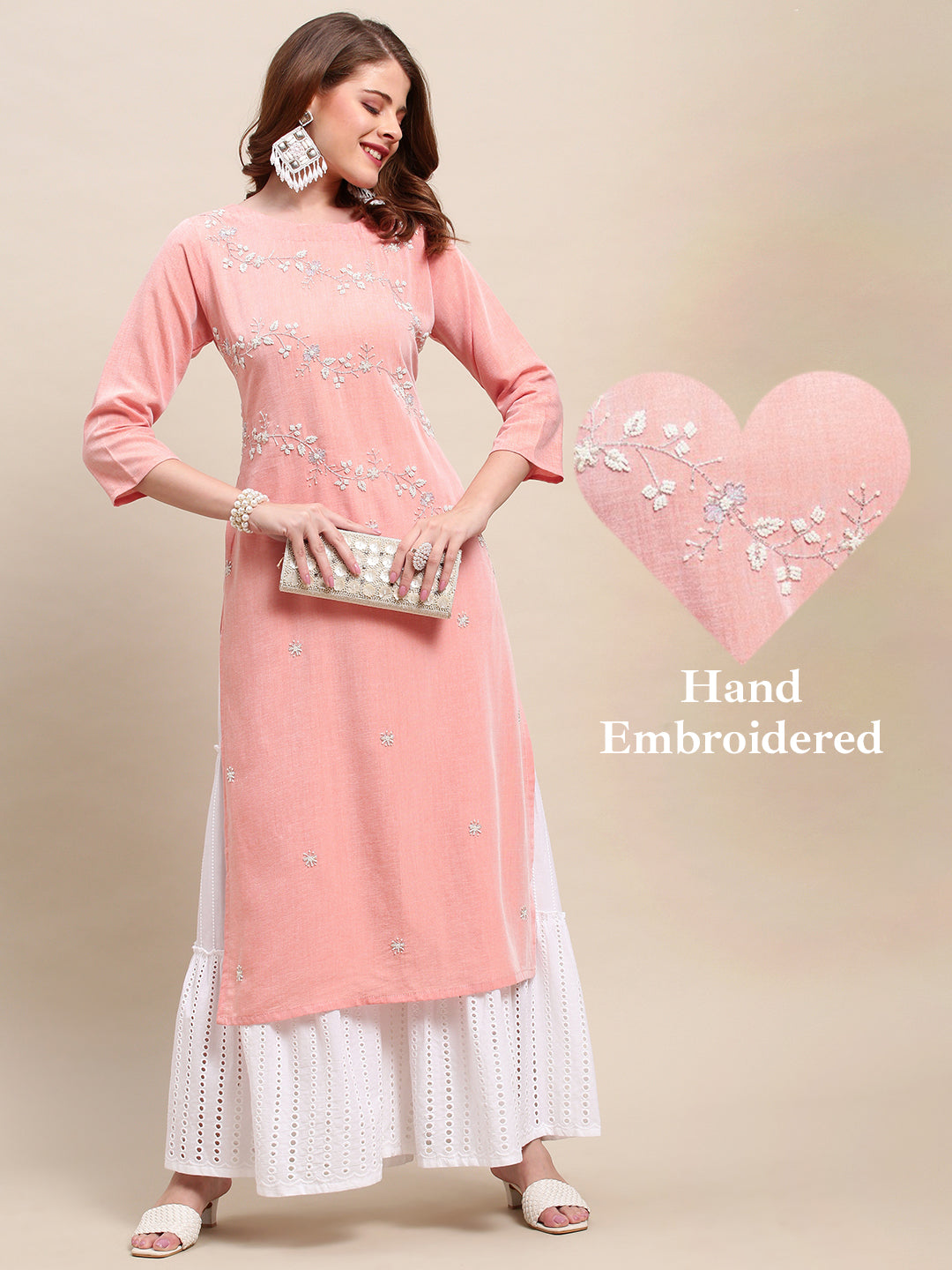 Floral Hand Embroidered Straight Fit Kurta - Peach