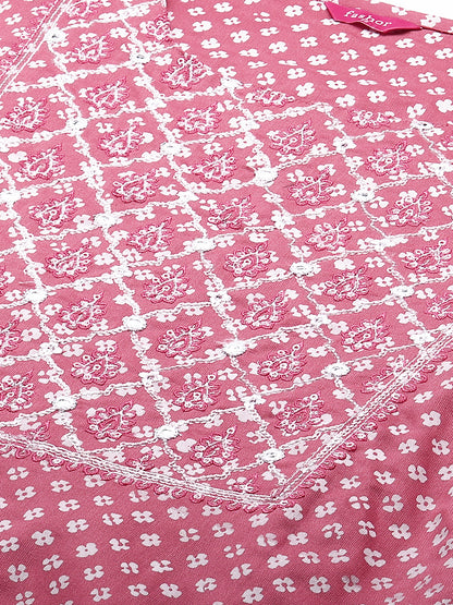 Floral Khadi Printed & Embroidered Straight Fit Kurta - Pink