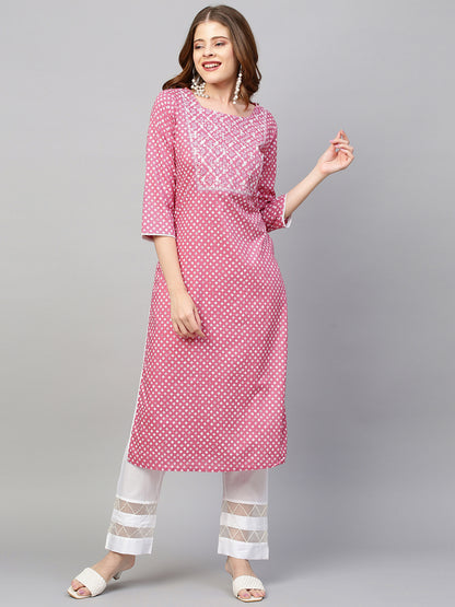 Floral Khadi Printed & Embroidered Straight Fit Kurta - Pink